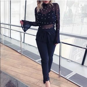 Bell sleeve mesh bodysuit with pearl accessory